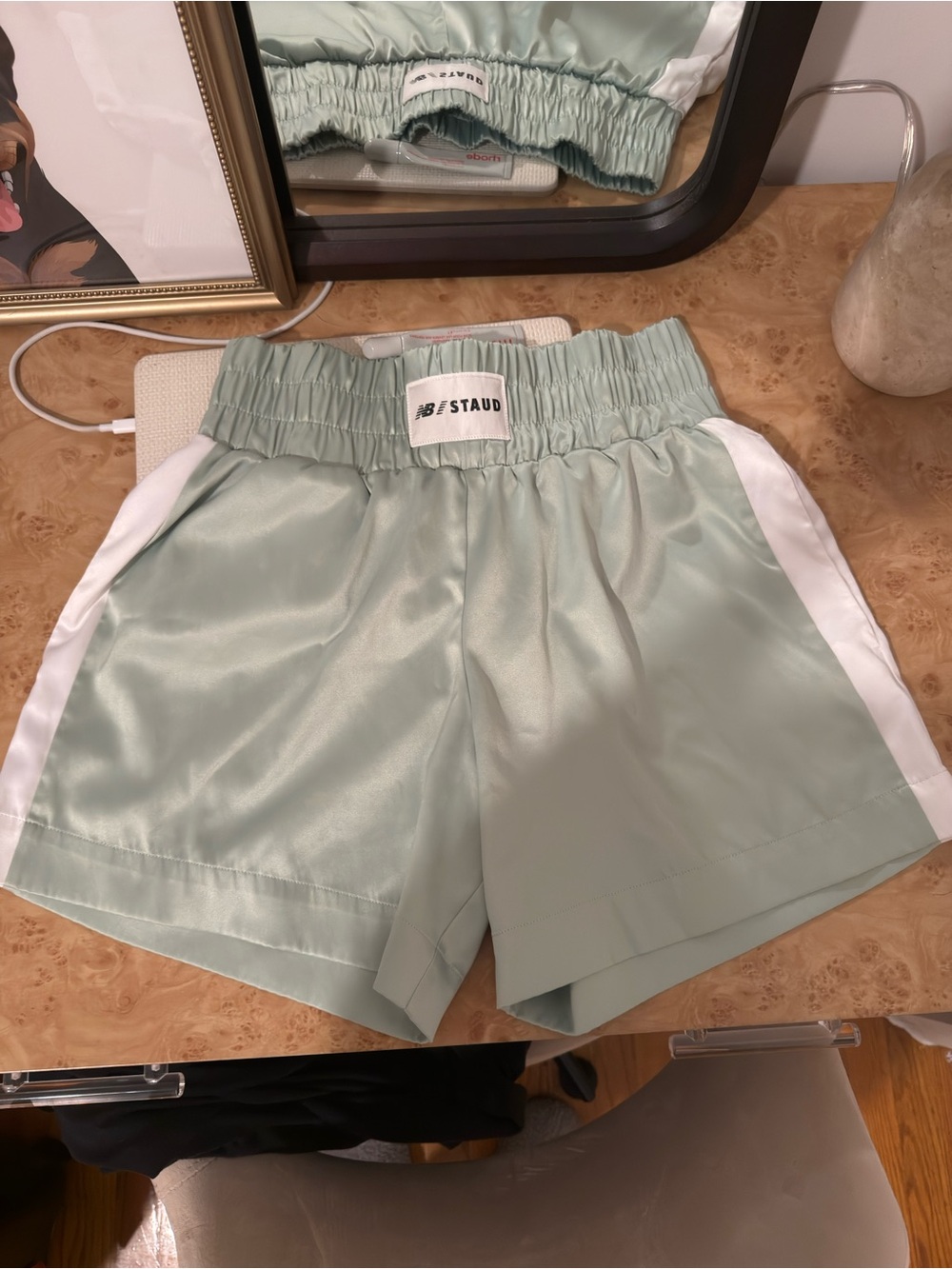 STAUD Pale Mint Satin Athletic Shorts with White Side Panels